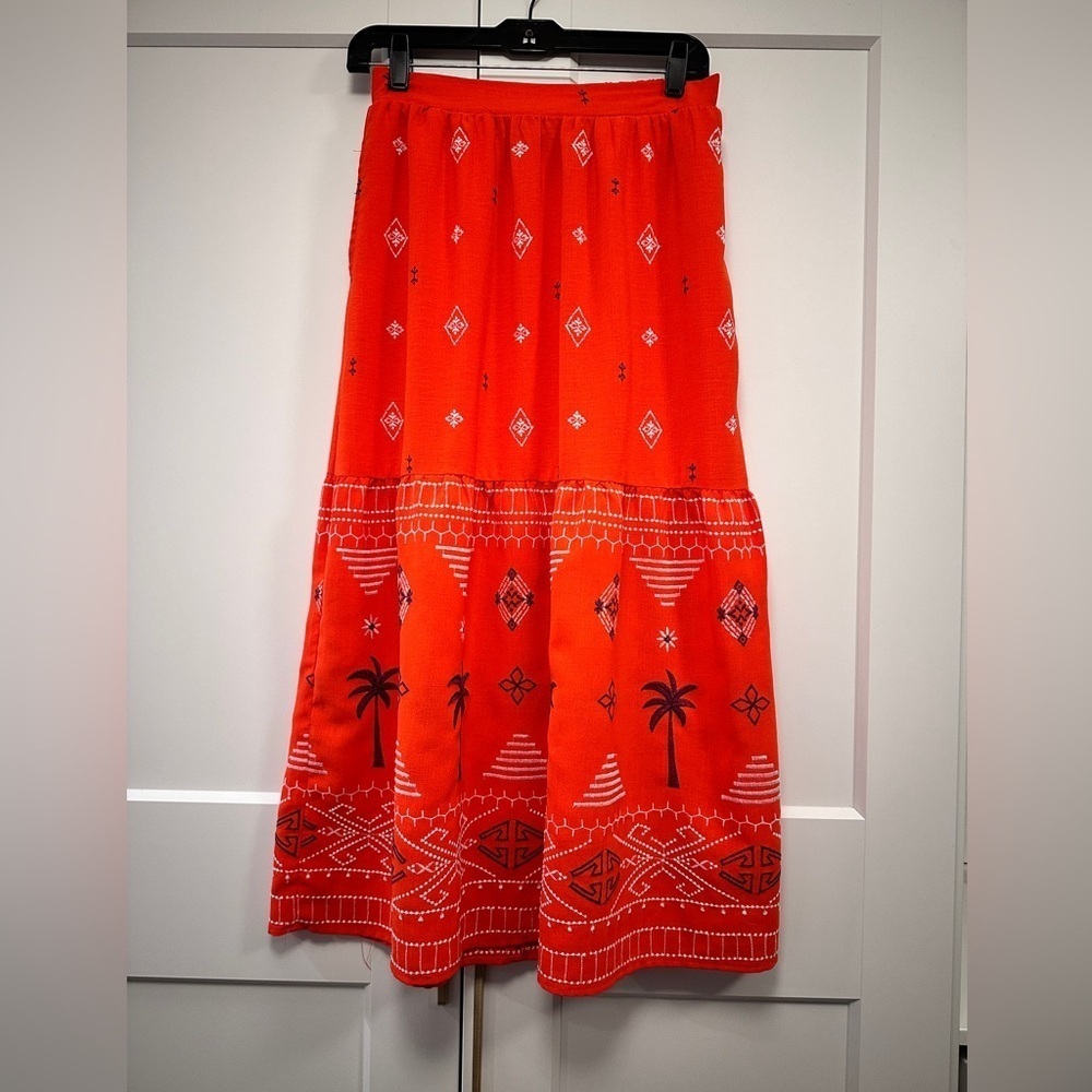 Sofia Jeans Women's Red Border Embroidery Skirt, Midi length